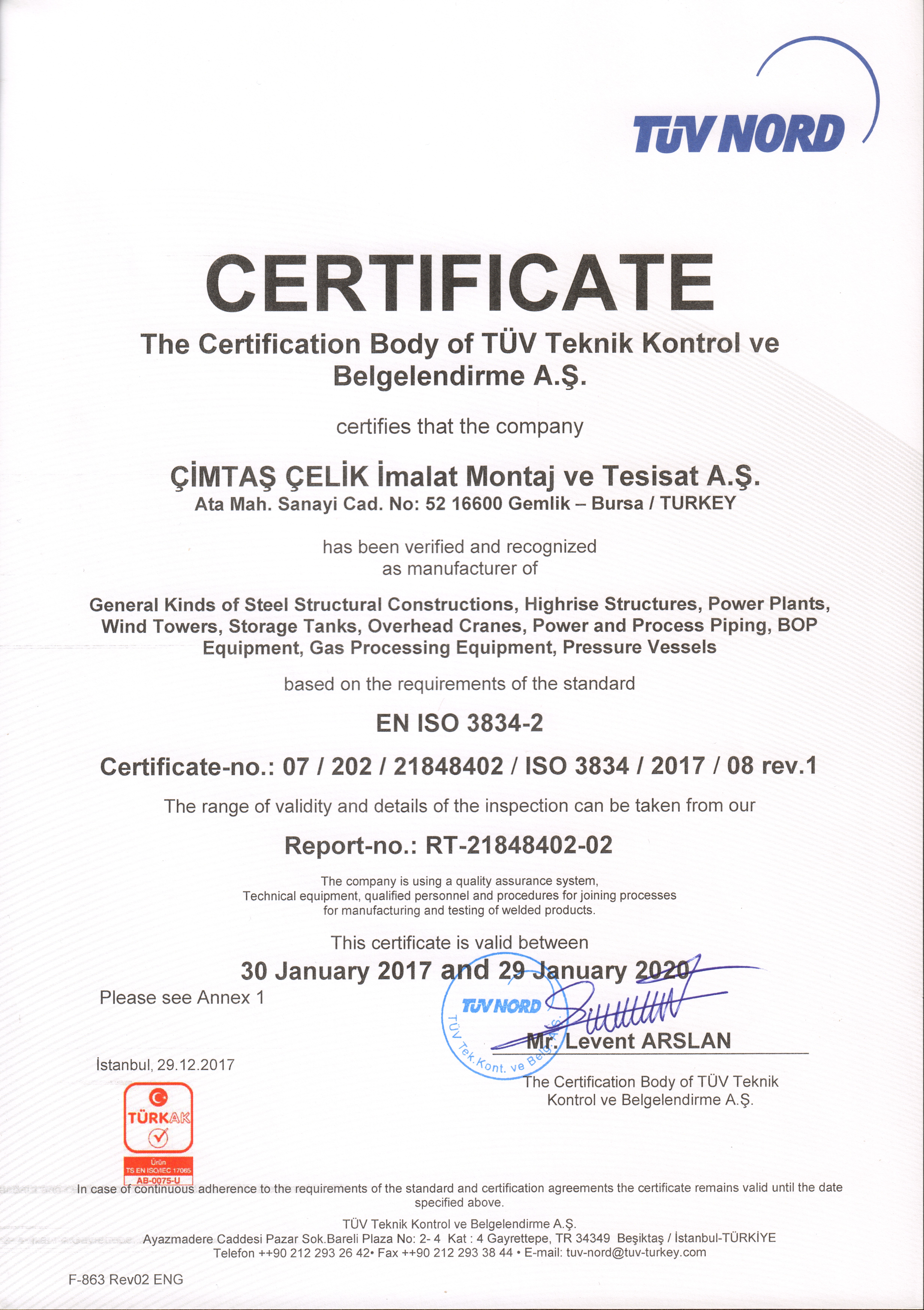 sample certificate a experience ISO 3834 ÇimtaÅ